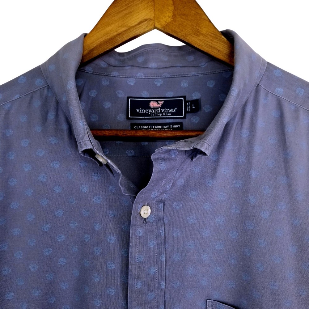 Vineyard Vines Mens Classic‎ Fit Murray Shirt Blue Seashell Print Short Sleeve L